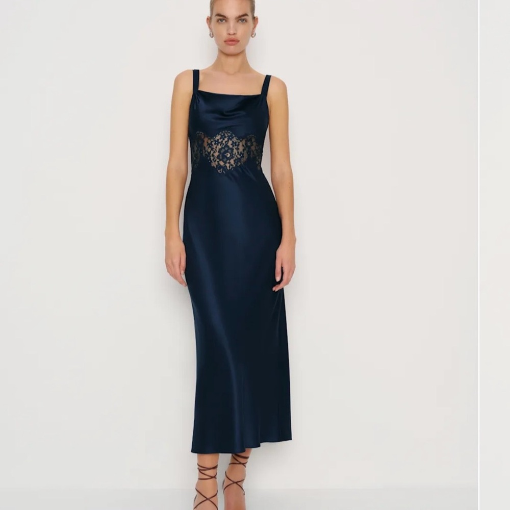 Reformation Evelyne Navy Silk Slip Dress with Lace Waist